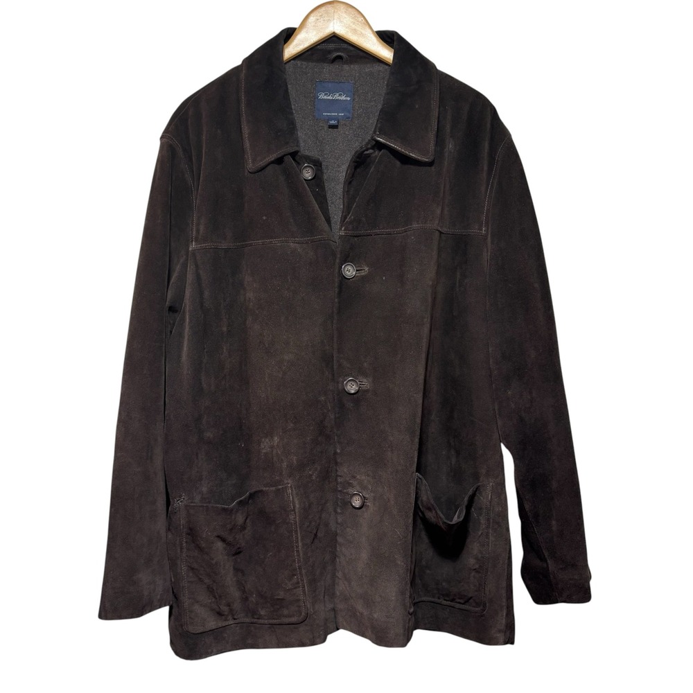 Brooks Brothers Dark Brown Suede Chore Coat Mens Wool Lined Jacket Patch Pockets